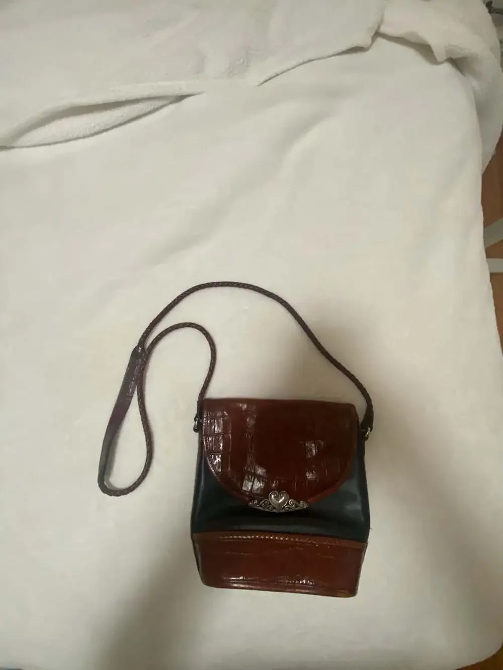 Vintage Brighton Melanie Leather Crossbody Bucket Bag in Black and Brown Croc